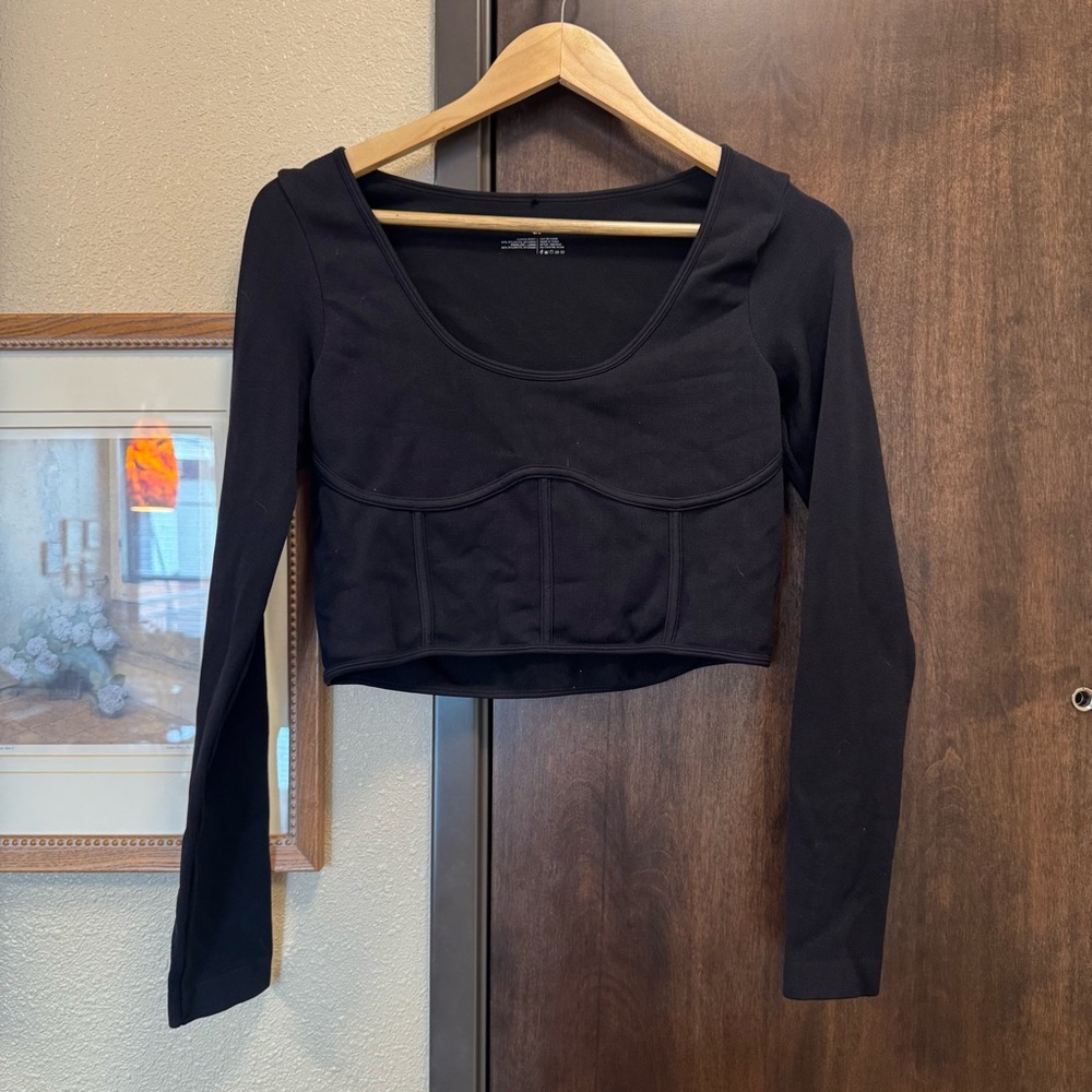 Garage Black Long Sleeve Scoop Neck Seam Detail Crop Top